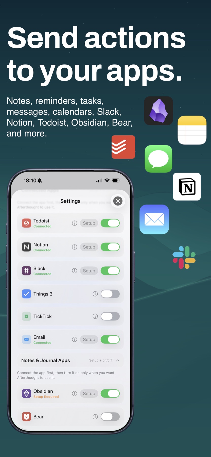 Afterthought sends actions to notes, tasks, messages, and apps