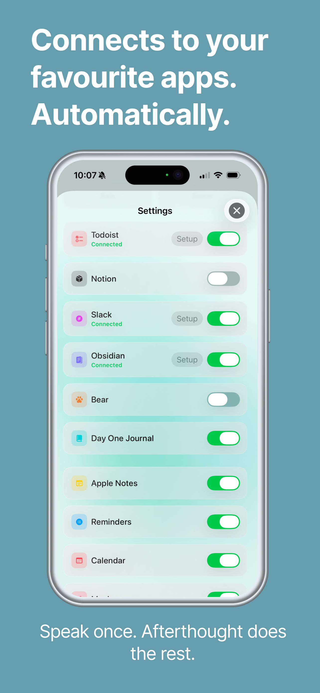 Afterthought settings showing connected integrations — Todoist, Notion, Slack, Obsidian, Bear, Day One, Apple Notes, Reminders, Calendar