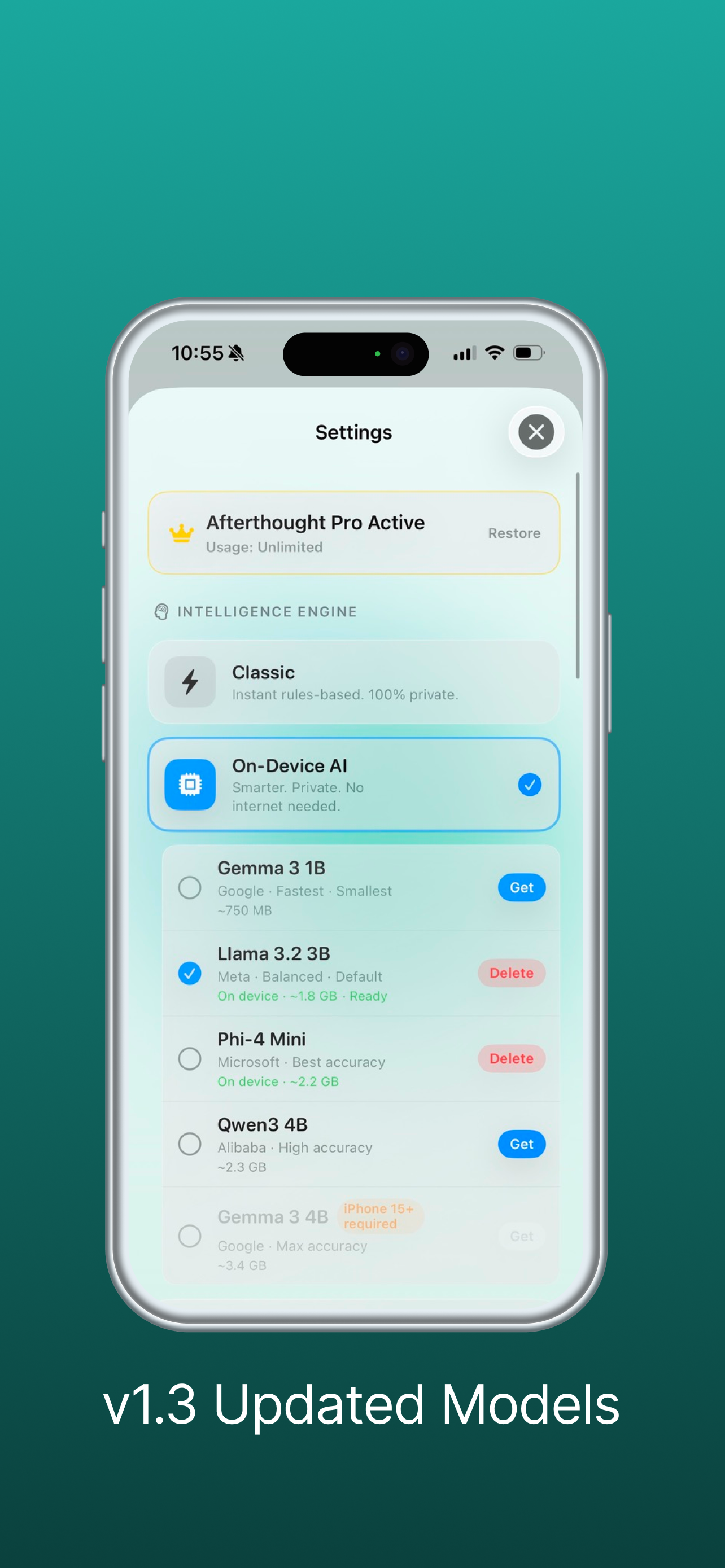 Afterthought intelligence engine settings showing Classic, On-Device AI, and local model options