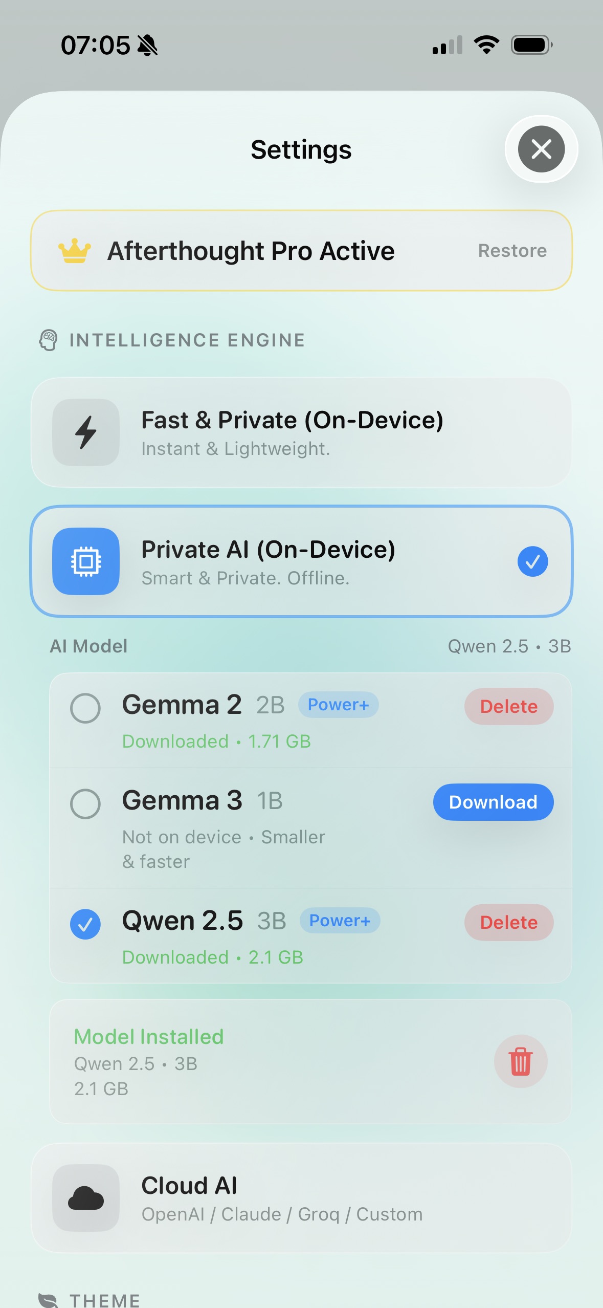 Afterthought AI settings in light theme