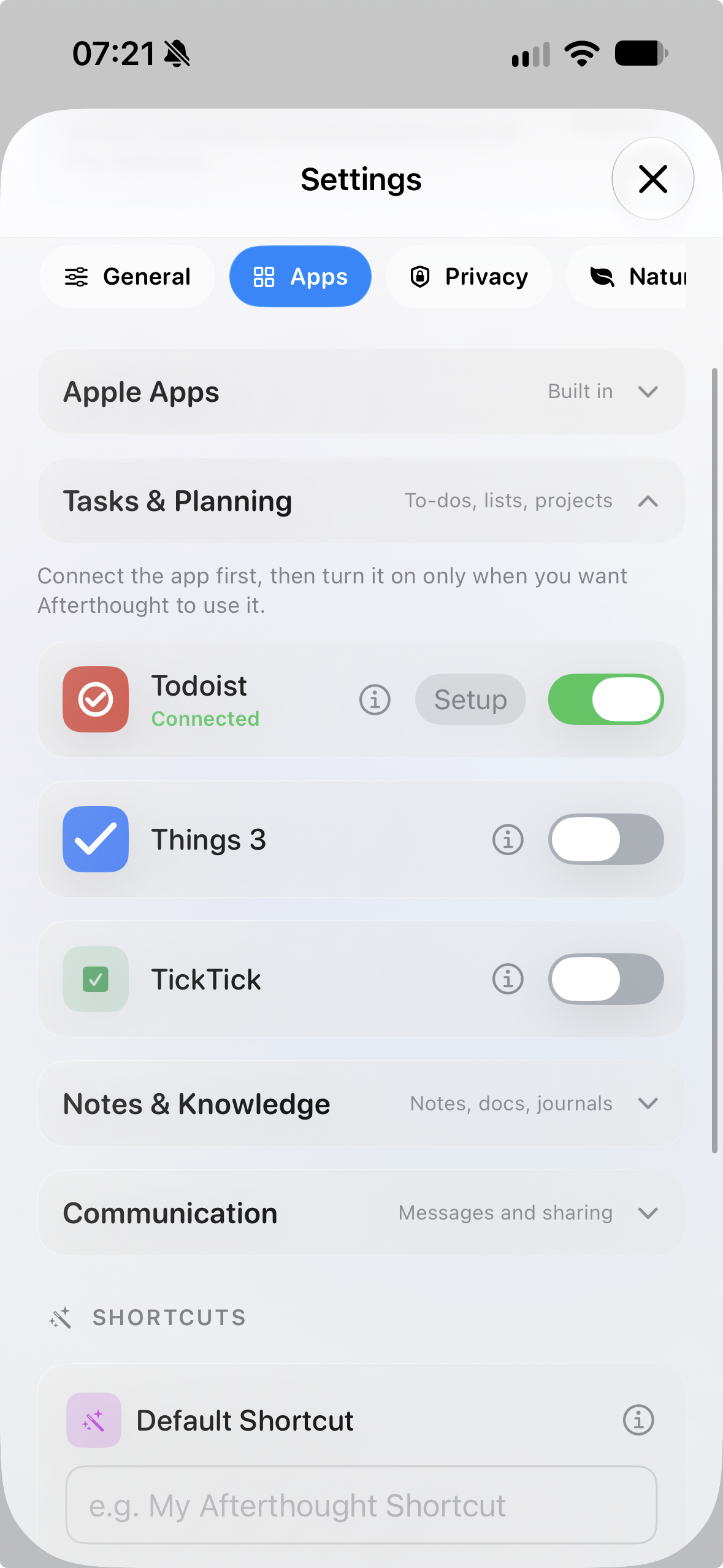 Afterthought Apps settings with app groups, per-app Info and Setup controls, switches, and the Default Shortcut field
