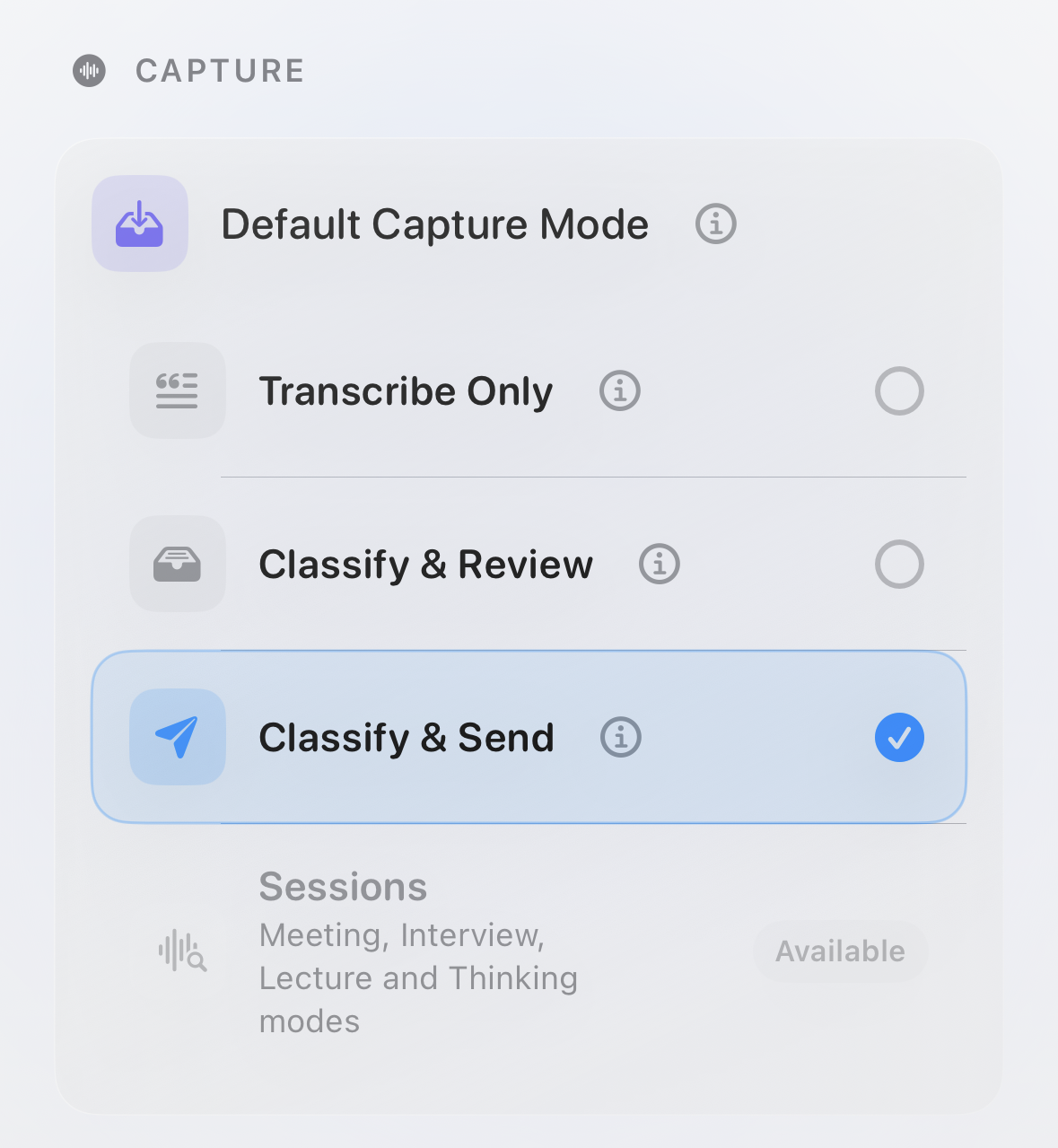 Afterthought Capture settings showing Transcribe Only, Classify and Review, Classify and Send, and available Session types