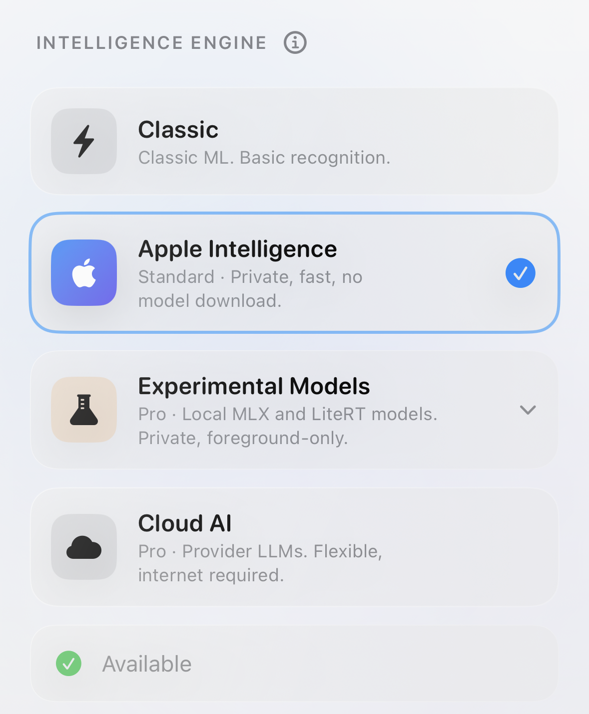 Afterthought Intelligence Engine settings showing Classic, Apple Intelligence, Experimental Models, and Cloud AI