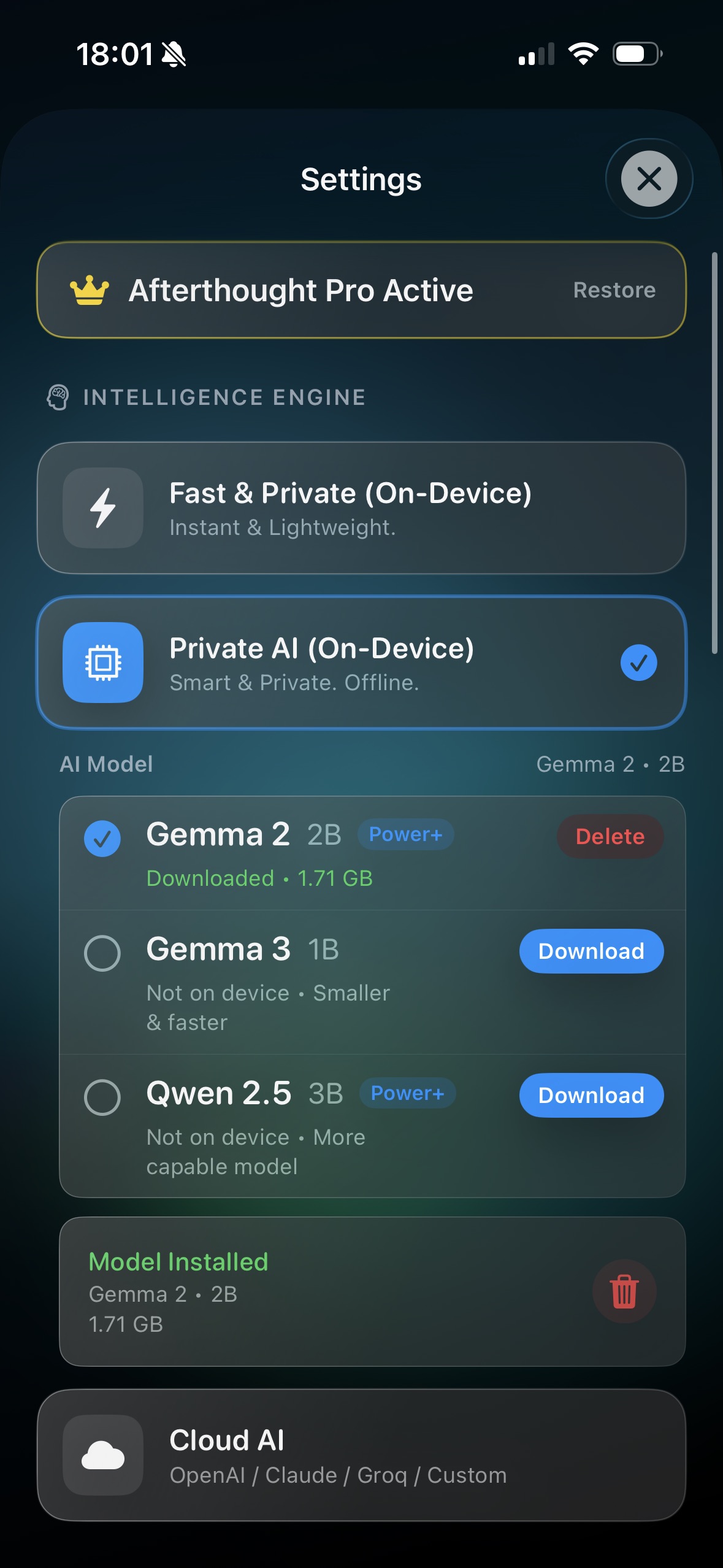 Afterthought model and processing settings