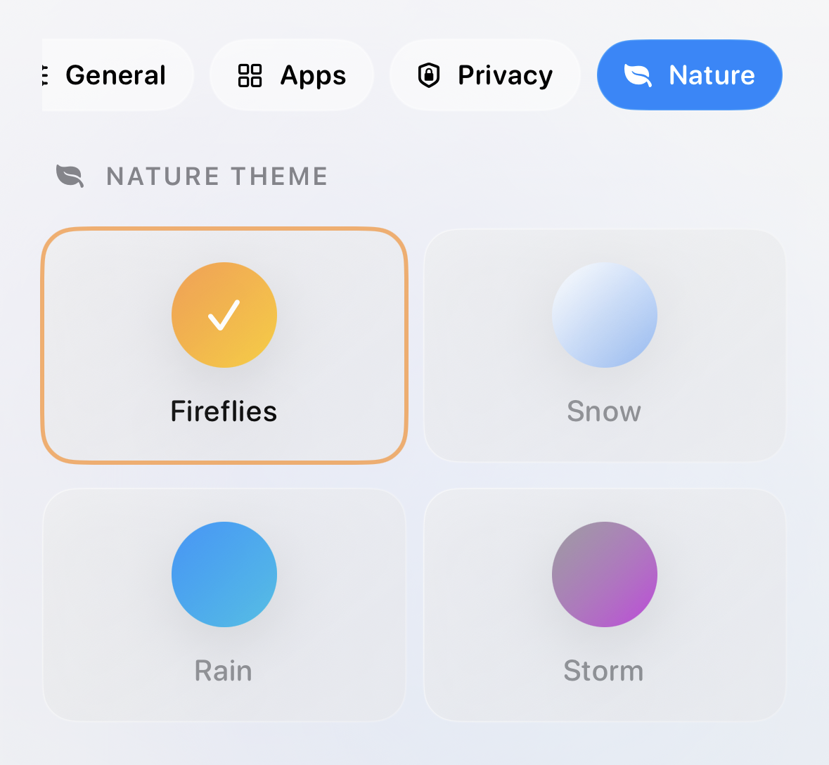 Afterthought Nature settings showing available Fireflies, Snow, Rain, and Storm themes