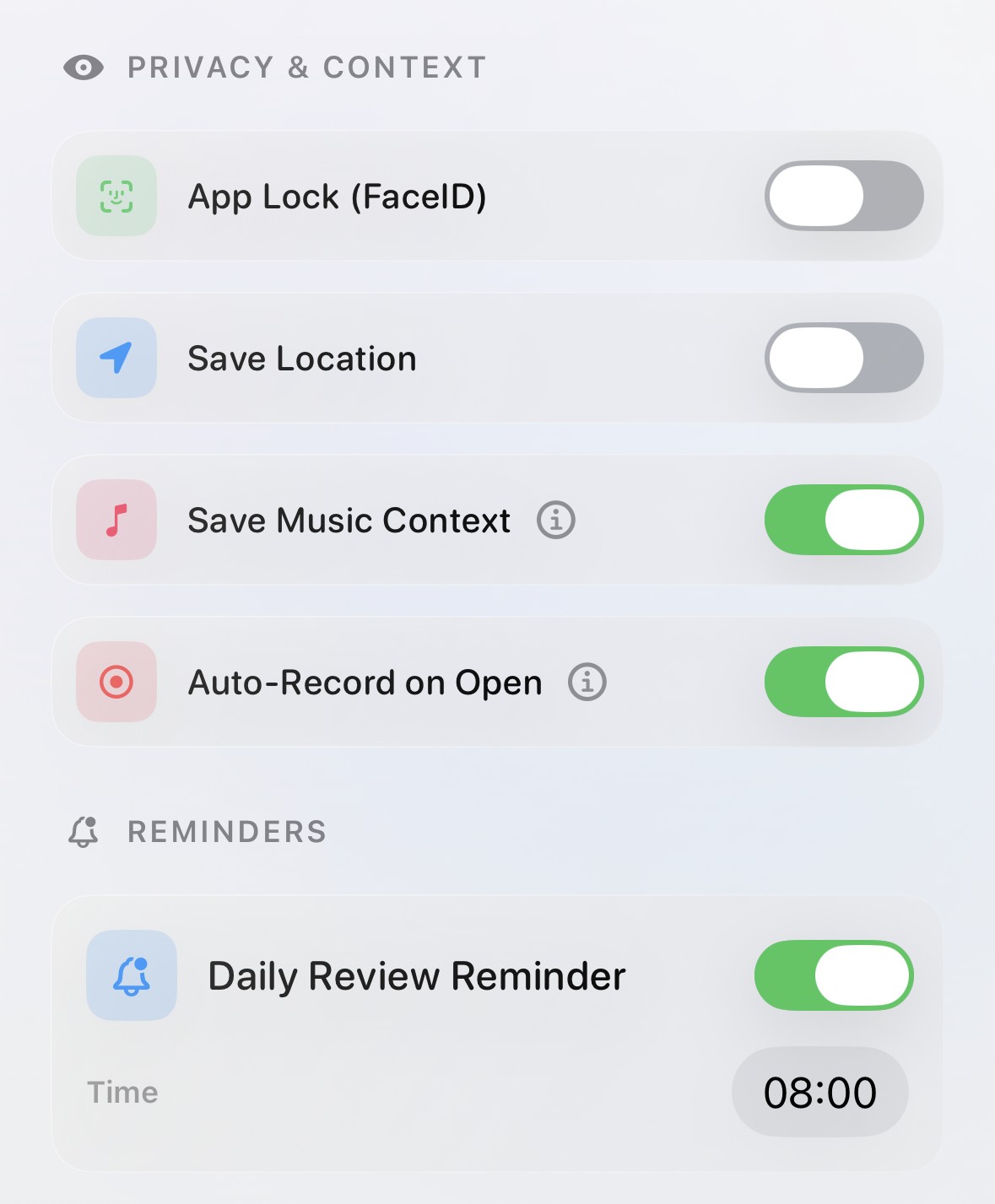 Afterthought privacy and context settings for Face ID, location, music context, auto-recording, and daily review reminders