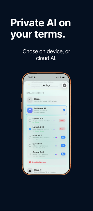 Afterthought private AI settings screen