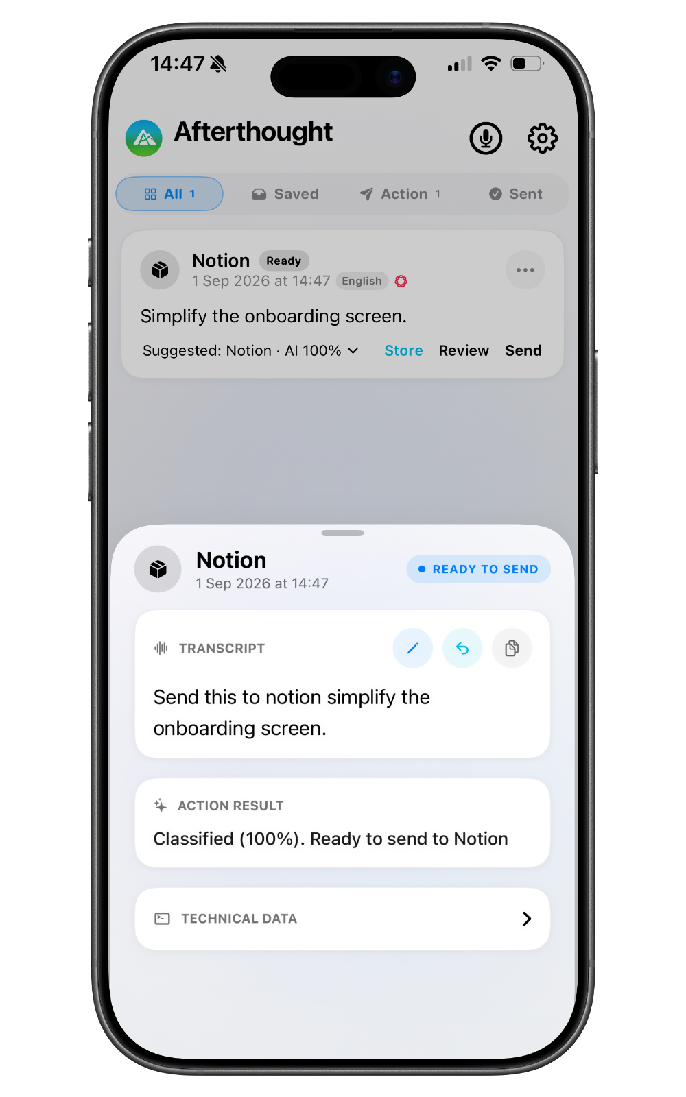 Afterthought review showing a prepared Notion note ready to send