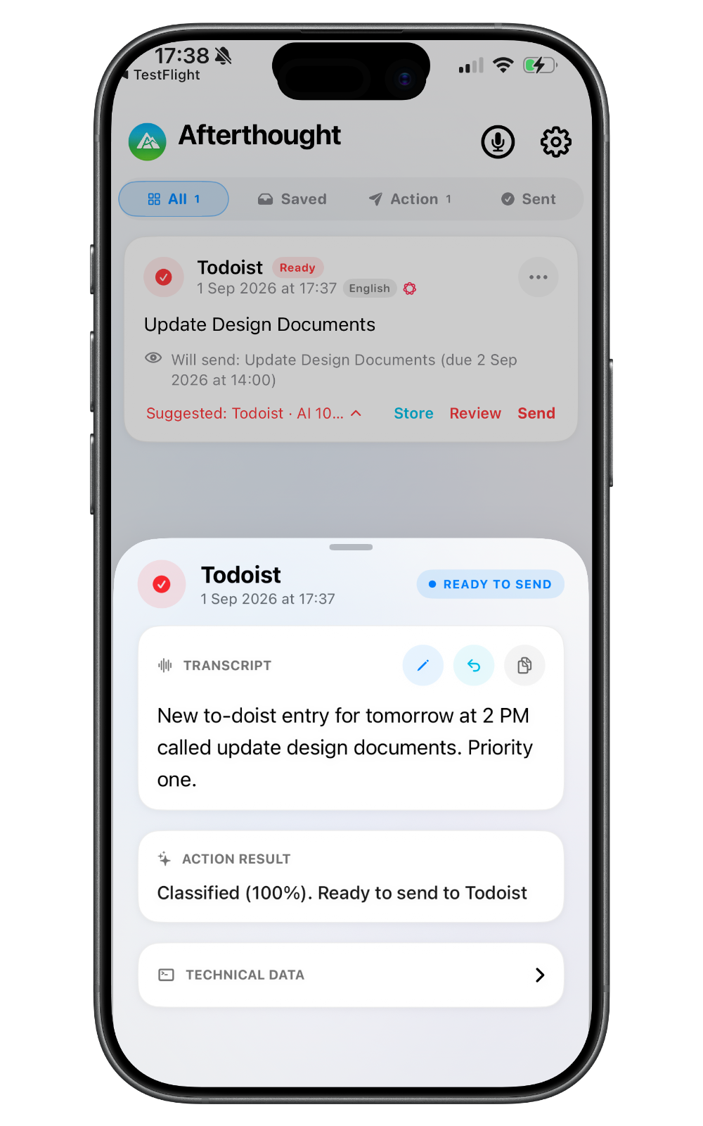 Afterthought review showing a prepared Todoist task ready to send