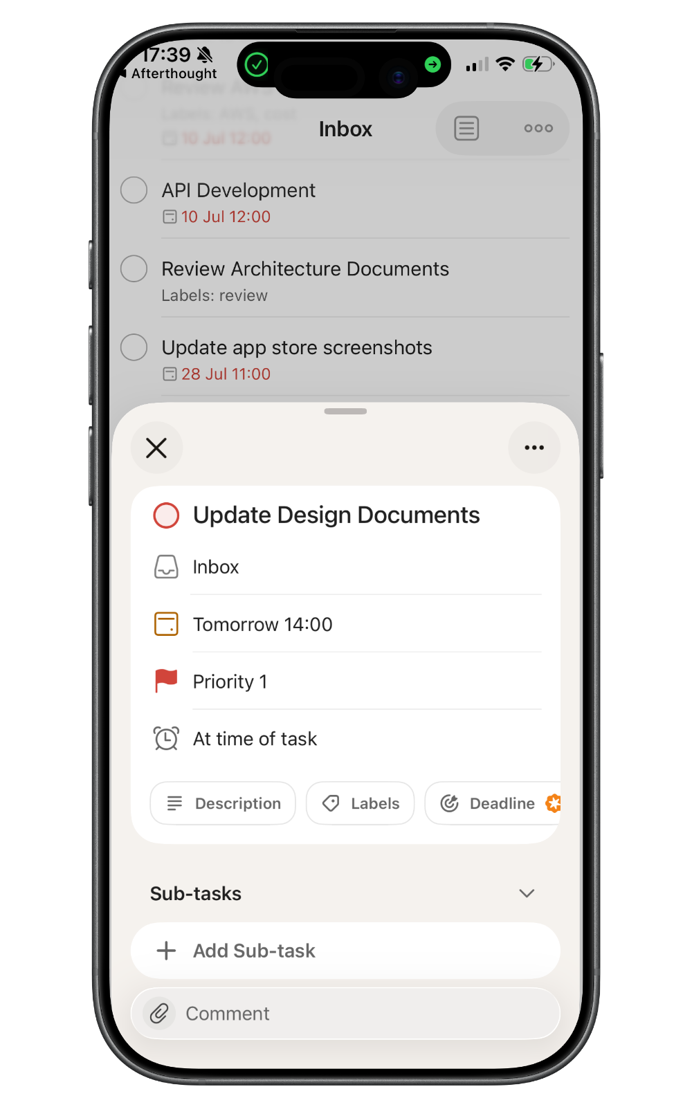 Todoist task Update Design Documents due tomorrow at 14:00 with Priority 1