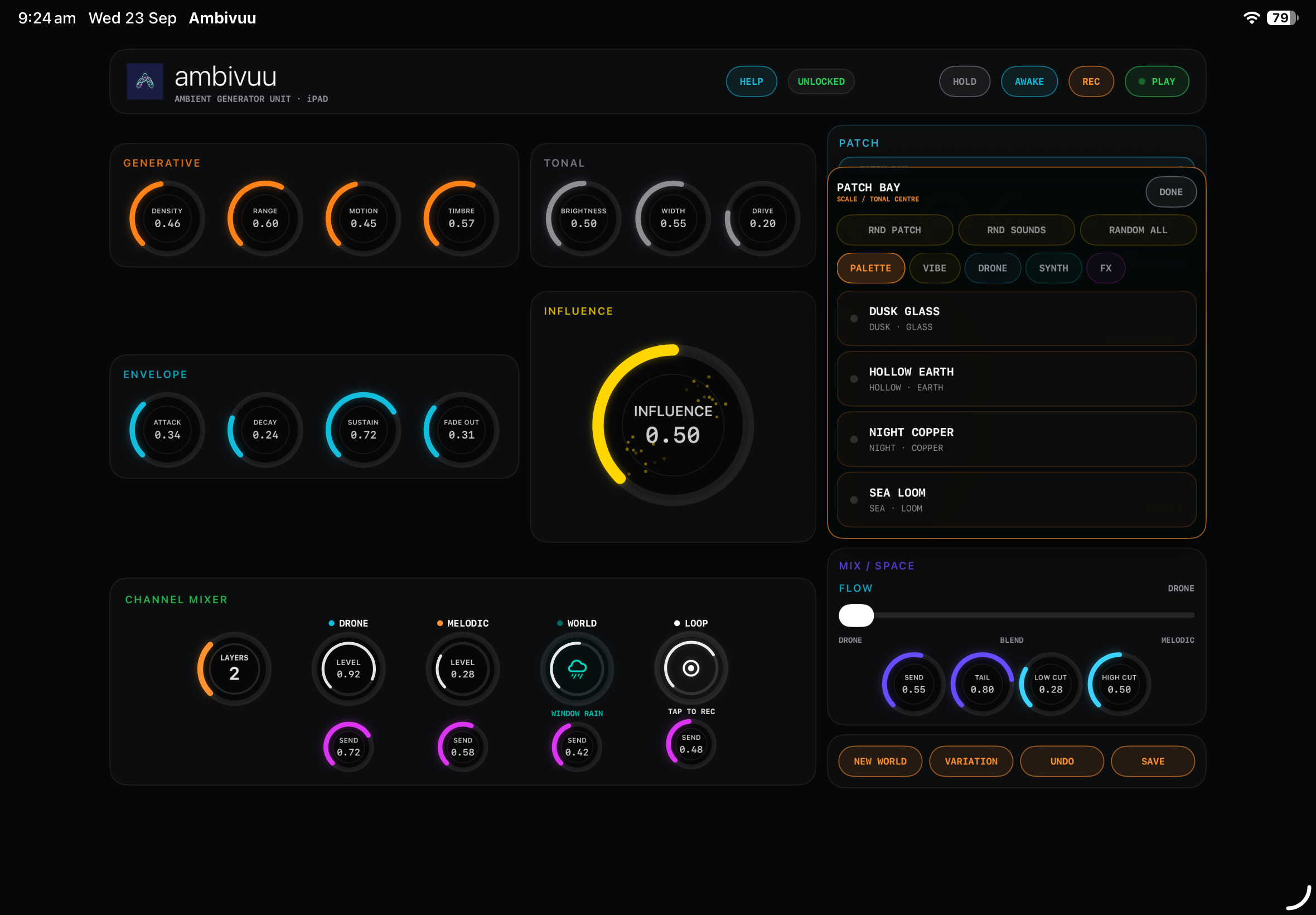 Close view of Ambivuu's open iPad Patch Bay, showing Palette choices and the Vibe, Drone, Synth, and FX tabs