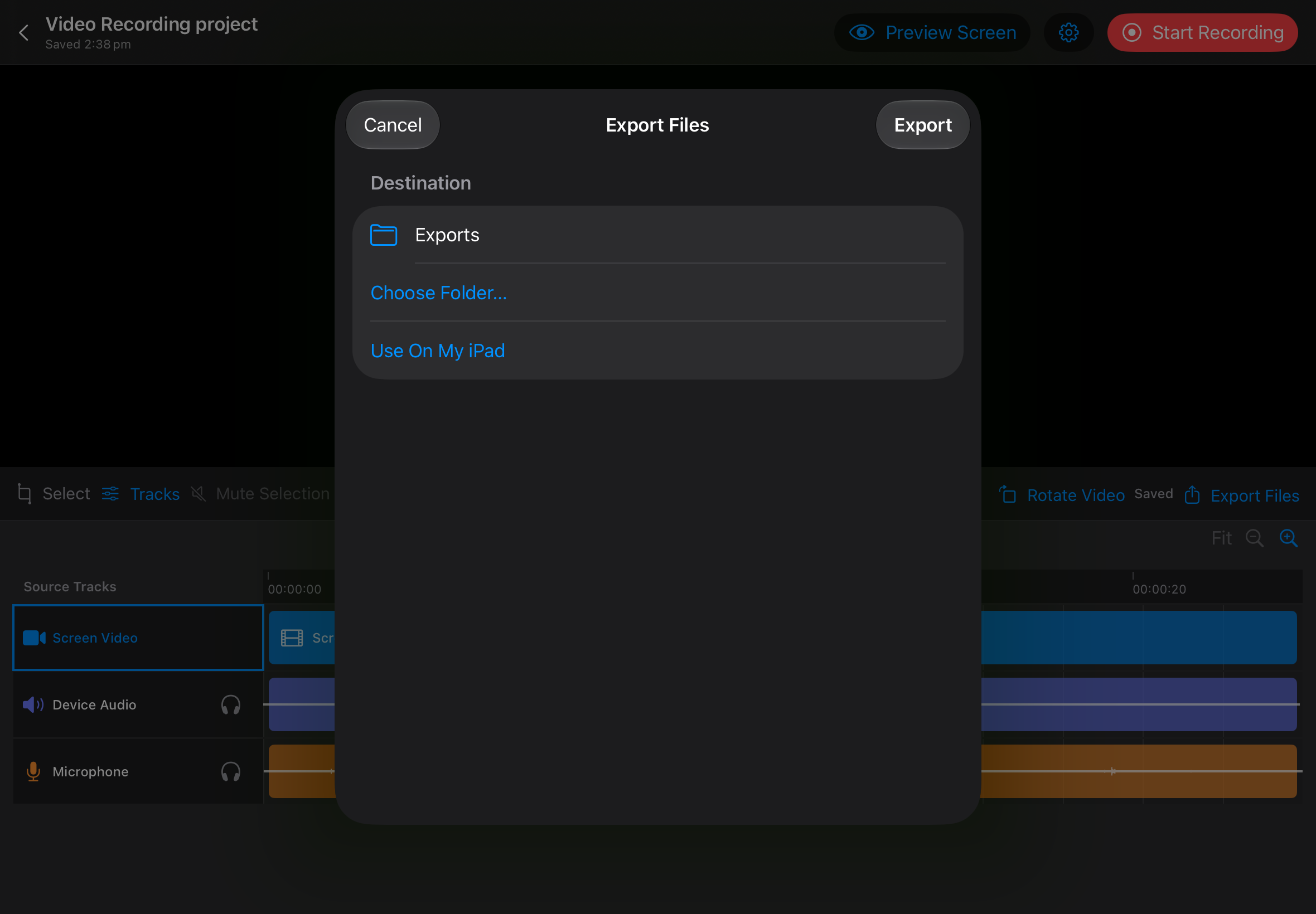 FrameStem Export Files sheet with options to choose a folder or use On My iPad