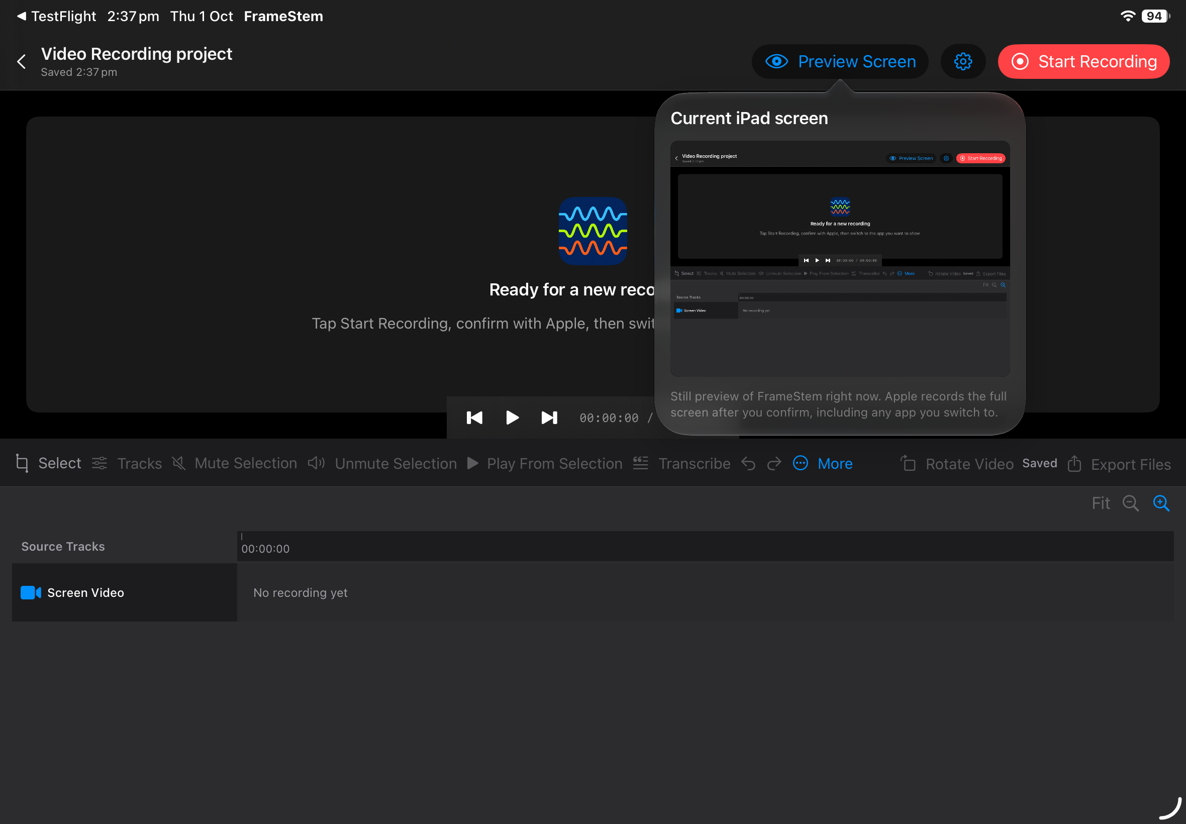 FrameStem showing a preview of the current iPad screen before recording