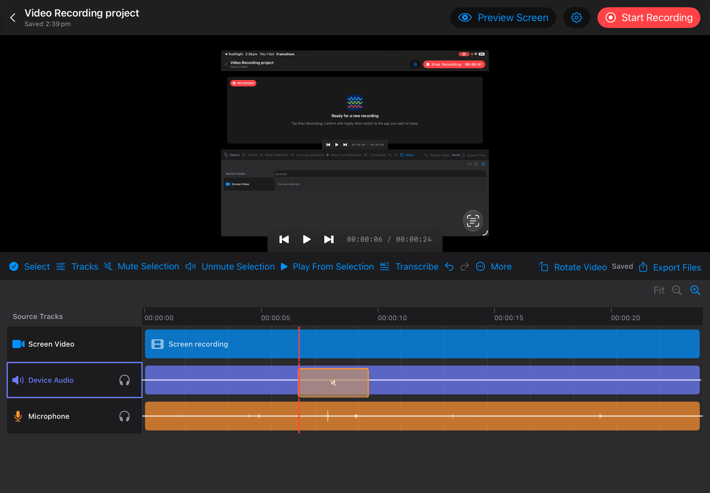 FrameStem project with aligned screen video, device audio and microphone tracks, and a muted range selected on device audio